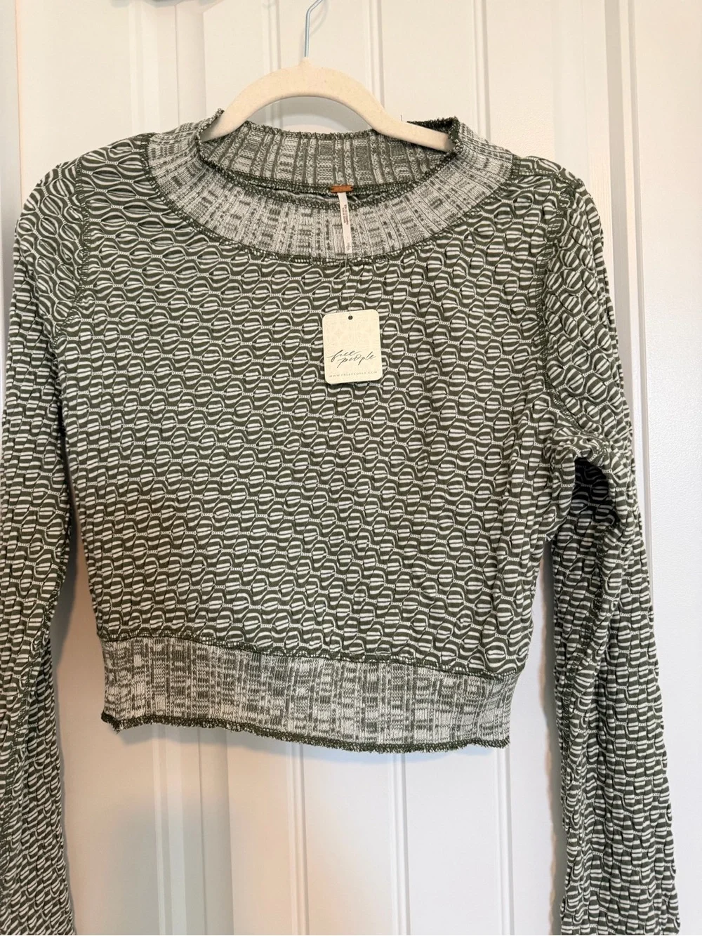 Free People Jane Top Textured Olive Long Sleeve Crop Small NWT